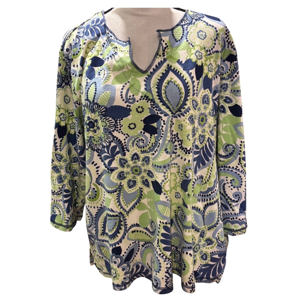 Sigrid Olsen Blue Green Floral Print V Neck Long‎ Sleeve Tunic Top VGUC Wmn 2X